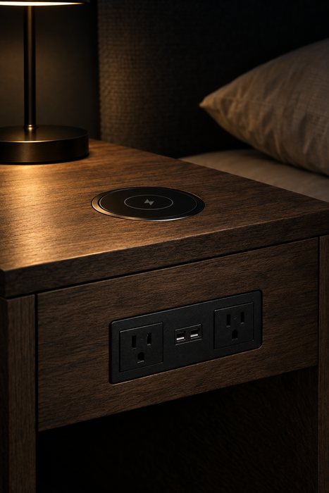Close detail of a black charging plate with two sockets and two USB ports set into dark wood.