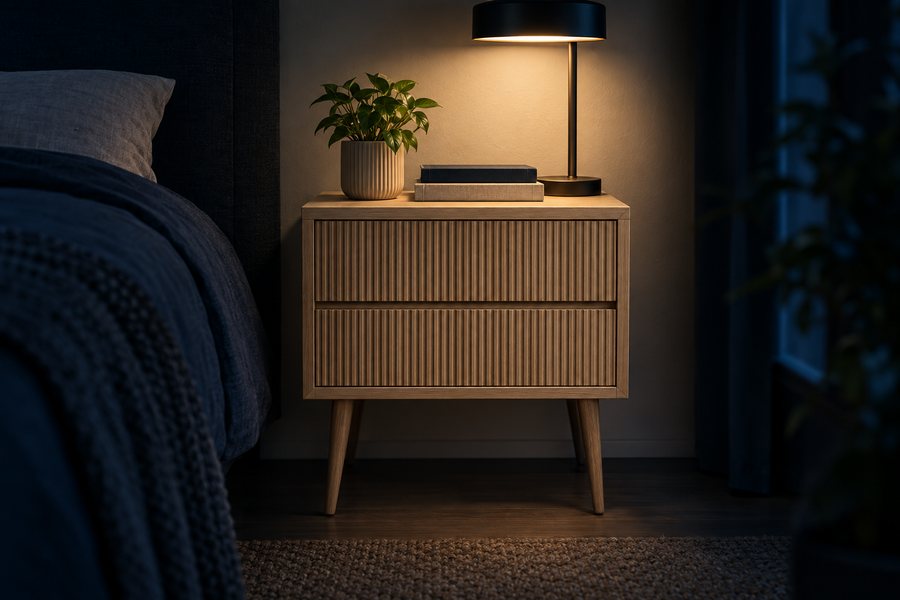 A light oak two drawer bedside table with a fluted drawer front and tapered legs.