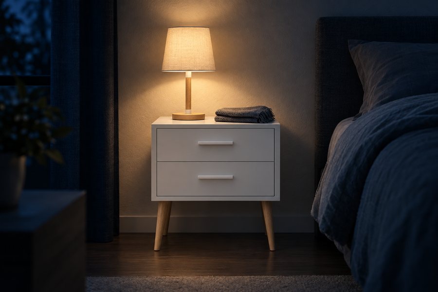 A small white two drawer bedside table with pale wood tapered legs.