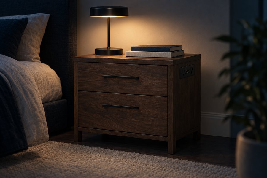 A dark walnut two drawer bedside table with black bar handles and a charging plate set into the side.